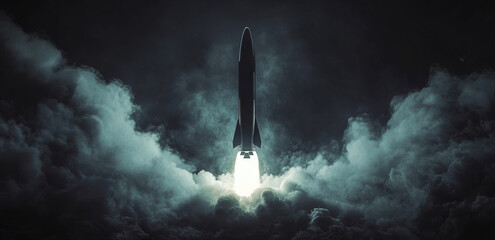 A sleek black rocket ascends into the sky, breaking through dense, billowing white clouds as it embarks on a space mission