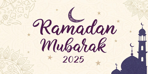  Islamic festive Ramadan Mubarak 2025 greeting card with a stylish cream and gold design featuring lanterns and a crescent moon