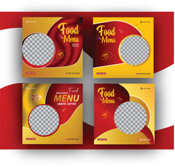 Set of Editable square food banners. Instagram post template design. Suitable for Social Media Post Restaurant and culinary Promotion. Red and yellow background