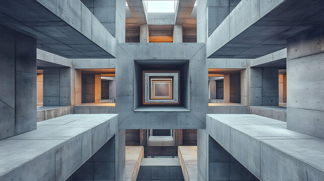 Geometric Concrete Architecture: A stunning display of architectural prowess featuring a symmetrical, intricate concrete structure with multiple levels and corridors.