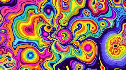 Colorful abstract swirl design with vibrant patterns and psychedelic elements on a dark background

