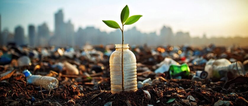 Climate Change and global warming and Conservation. Plant emerging from a plastic bottle on a garbage-strewn landscape.