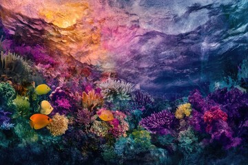 Vibrant coral reef teeming with colorful fish under a dynamic water surface.