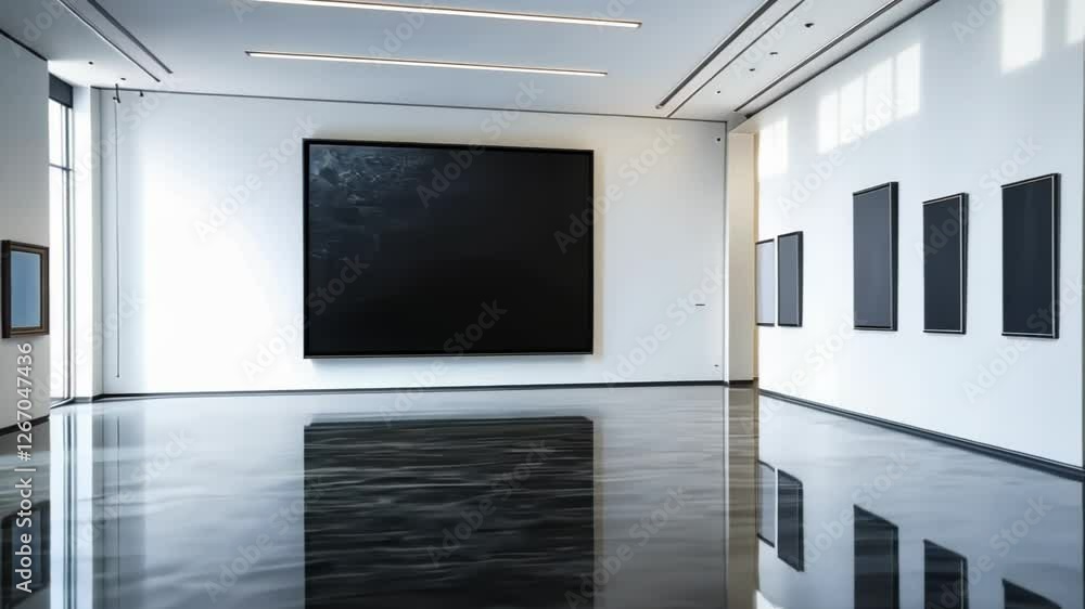 Poster modern art gallery showcasing deep black artwork with reflective floor and minimalistic design in a 