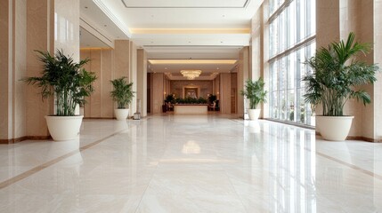 Luxurious hotel lobby, marble floor, plants, sunlight (1)