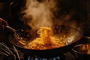 Wok-fried noodles steaming hot, kitchen, restaurant, food preparation