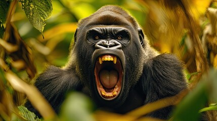 Gorilla roaring powerfully in a lush jungle, showcasing its impressive strength and presence in the wild, perfect for capturing raw wildlife emotions and intense animal behavior in nature.