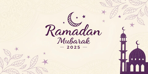 Islamic-themed Ramadan Mubarak 2025 greeting card with delicate floral patterns, a crescent moon, and mosque illustration