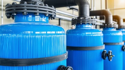 Industrial Water Filtration System with Bright Blue Tanks and Pipelines in a Modern Facility
