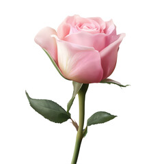 A single, light pink rose with green leaves, set against a black background.
