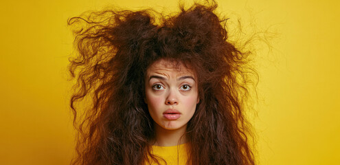 Fototapeta premium A woman with frizzy curly hair gazes in surprise against a bright yellow background, highlighting her playful expression
