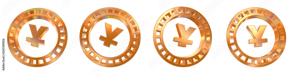 Poster set of 4 3d yuan coin shapes with golden and rainbow effects isolated on a transparent background. 3