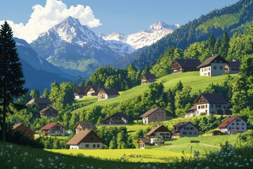 Cottages nestled in a grassy Alpine hillside with snowy mountains behind