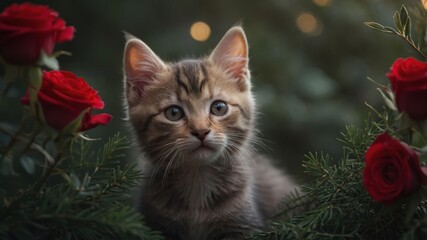 A charming kitten surrounded by roses and greenery, evoking a serene, natural ambiance.