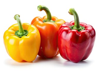 Isolated panoramic: a trio of miniature sweet peppersâ€”red, yellow, and orangeâ€”bathed in light.