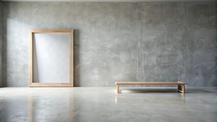 Modern Minimalist Interior Design Featuring a Simple Wooden Bench and a Large Blank Frame Against a Textured Concrete Wall