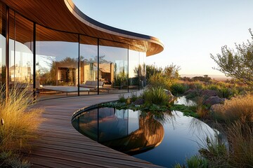sustainable architecture passive design Modern architectural home with a serene outdoor setting and reflective pond.