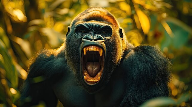 Gorilla roaring powerfully in a lush jungle, showcasing its impressive strength and presence in the wild, perfect for capturing raw wildlife emotions and intense animal behavior in nature.