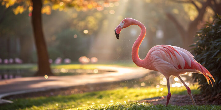 Charming Pink Flamingo in the Park Captured with Sunlight and Bokeh Effects