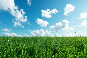 Obraz premium Green field with lush grass under blue sky, clouds, on a sunny day