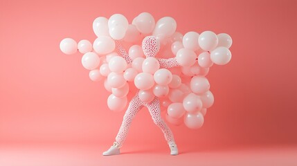 Person in Mesh Suit Surrounded by Pink Balloons on Soft Pink Background