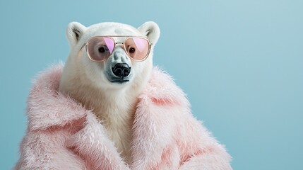 Polar Bear in Pink Fur Coat and Sunglasses with Blue Background