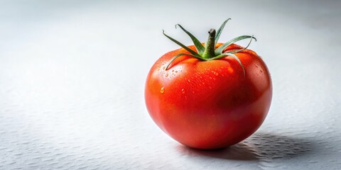 Juicy, fresh tomato, perfectly isolated against a stark white backdrop; a captivating food photography close-up.
