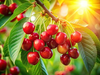 Juicy red cherries burst from a branch, a picturesque summer still life, nature's vibrant canvas.