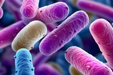 A seamless microscopic texture of bacteria in vibrant blues, purples, and yellows