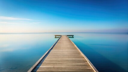 Fototapeta premium Serene Wooden Dock Extending into a Calm, Azure Ocean Under a Tranquil Blue Sky