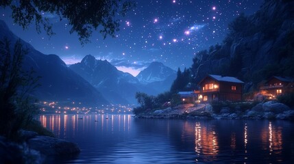 Fototapeta premium Night, mountain chalet, lake, starry sky, peaceful, relaxing, scenic view