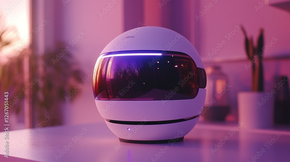 Poster futuristic sphere device on table glows, creating a serene and technological home
