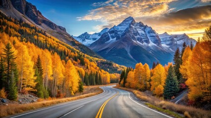 Scenic Autumnal Road Winding Through Golden Aspens Towards Majestic Snow-Capped Mountains at Sunrise