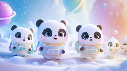 Fototapeta premium Cute astronaut pandas exploring colorful space planets in whimsical adventure scene