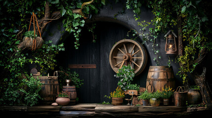Obraz premium Enchanted Woodland Entrance: A rustic wooden door nestled within a lush, verdant overgrowth, inviting entry into a secret world. With an antique lantern, weathered wooden barrels.