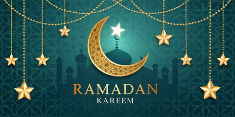  Luxurious Ramadan Kareem card featuring a golden crescent, twinkling stars, and an intricate mosque silhouette design