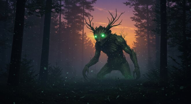 Ein mythischer Waldschrat mit leuchtenden Augen steht bedrohlich in einem nebligen Wald bei Sonnenuntergang und weckt Geheimnisse