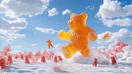 Giant Orange Gummy Bear Among Smaller Candy Bears in Blue Sky