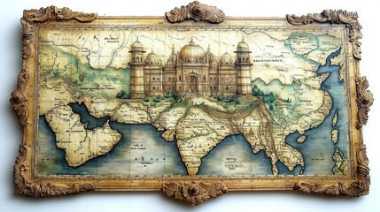 Ornate map of historical Asia showing a Mughal-era palace.  Possible use Decorative art piece