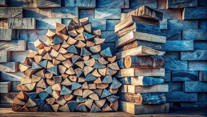 A Rustic Arrangement of Stacked and Heaped Wood Pieces Against a Weathered Wooden Wall
