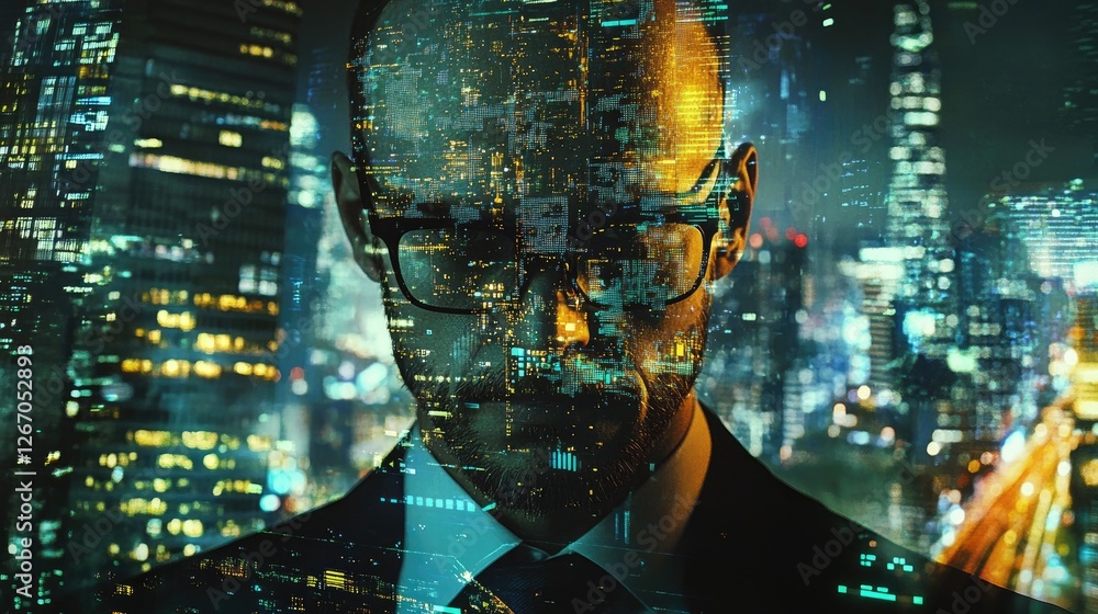 Poster a digital entrepreneur with a double exposure effect of blockchain nodes and smart city elements.