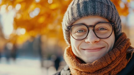 Young smiling thankful man wearing glasses casual clothes look camera