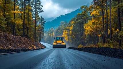 Obraz premium Road construction, autumn forest, asphalt roller, mountain background, infrastructure project