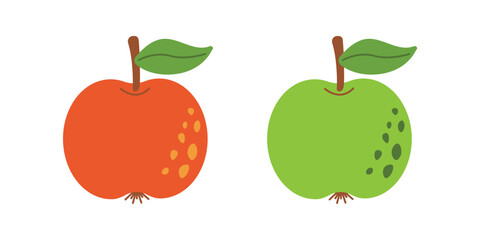 Red and green apples flat vector illustration. Minimalist flat design illustration of a red and green apple with leaves, featuring decorative spots, isolated on a white background