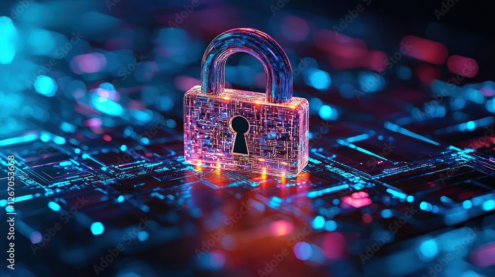 Poster digital padlock over circuit board background showing digital security and protection