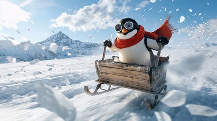 Naklejka premium Playful Penguin on Sledge in Snowy Winter Wonderland Landscape