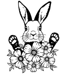 Black and white rabbit silhouette with detailed floral elements. Adorable bunny peeking from behind beautiful flowers. Perfect for tattoo designs, prints, coloring pages, and decorative art.