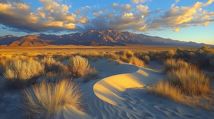 Obraz premium Desert Sands at Dawn: A breathtaking landscape featuring rolling sand dunes and subtle textures stretches into the horizon. The golden light of dawn dances across the scene.