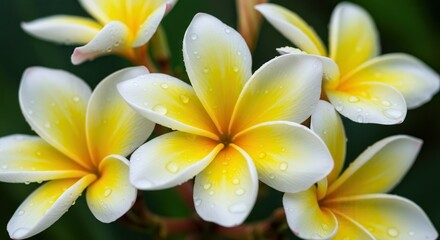 Naklejka premium Close-up of Plumeria Flowers with Water Droplets and a Soft Focus Background