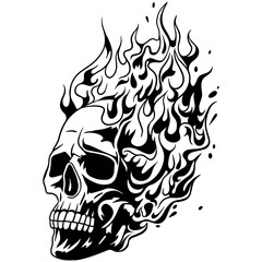 Burning skull with intense flames rising from the head, black and white vector illustration in bold tattoo style.
